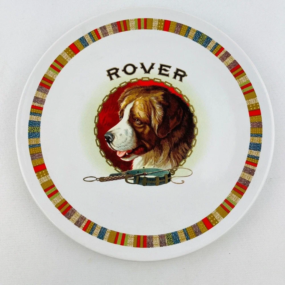 Pottery Barn Rover Fireside Club Salad Plate Lot of 2 Dog Multicolor Stripe Trim